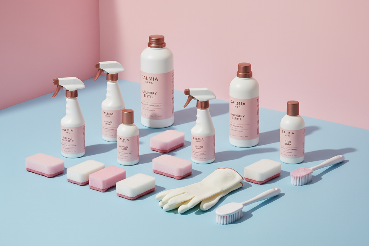 A neatly arranged collection of Calmia Labs home care products on a flat surface, styled in a modern, minimalist way. Include various cleaning product bottles — spray bottles, detergent containers, and liquid bottles — in elegant Calmia Labs packaging with soft pink, white, and rose-gold tones. Add matching cleaning accessories such as sponges, gloves, and brushes for a cohesive look. The background should be a light pink tone with a clean and bright aesthetic, and the surface can be pastel blue or white fo