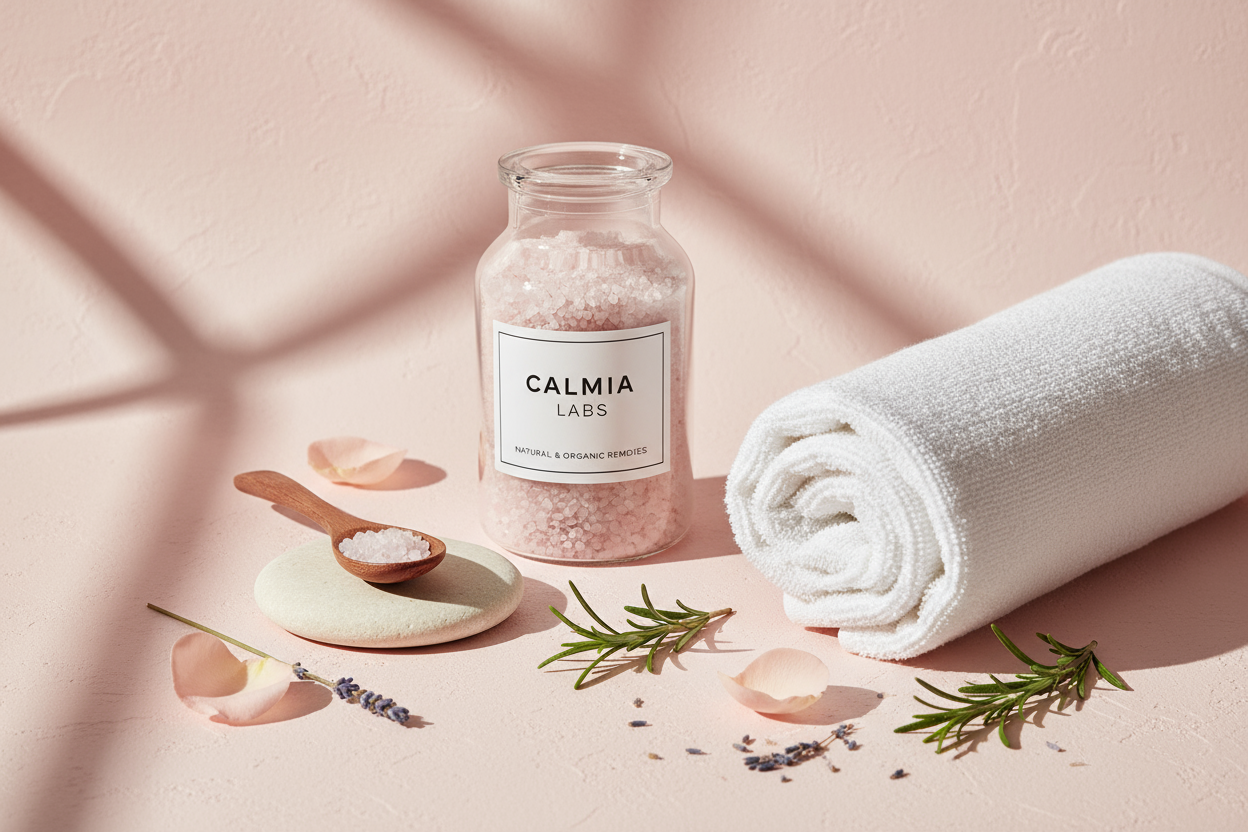Minimalist spa scene featuring Calmia Labs Natural & Organic Remedies — a glass jar with pink bath salts, a wooden spoon, and a rolled white towel. Add soft natural details like petals or herbs on a light pink background with gentle lighting for a clean, calming, and organic feel.