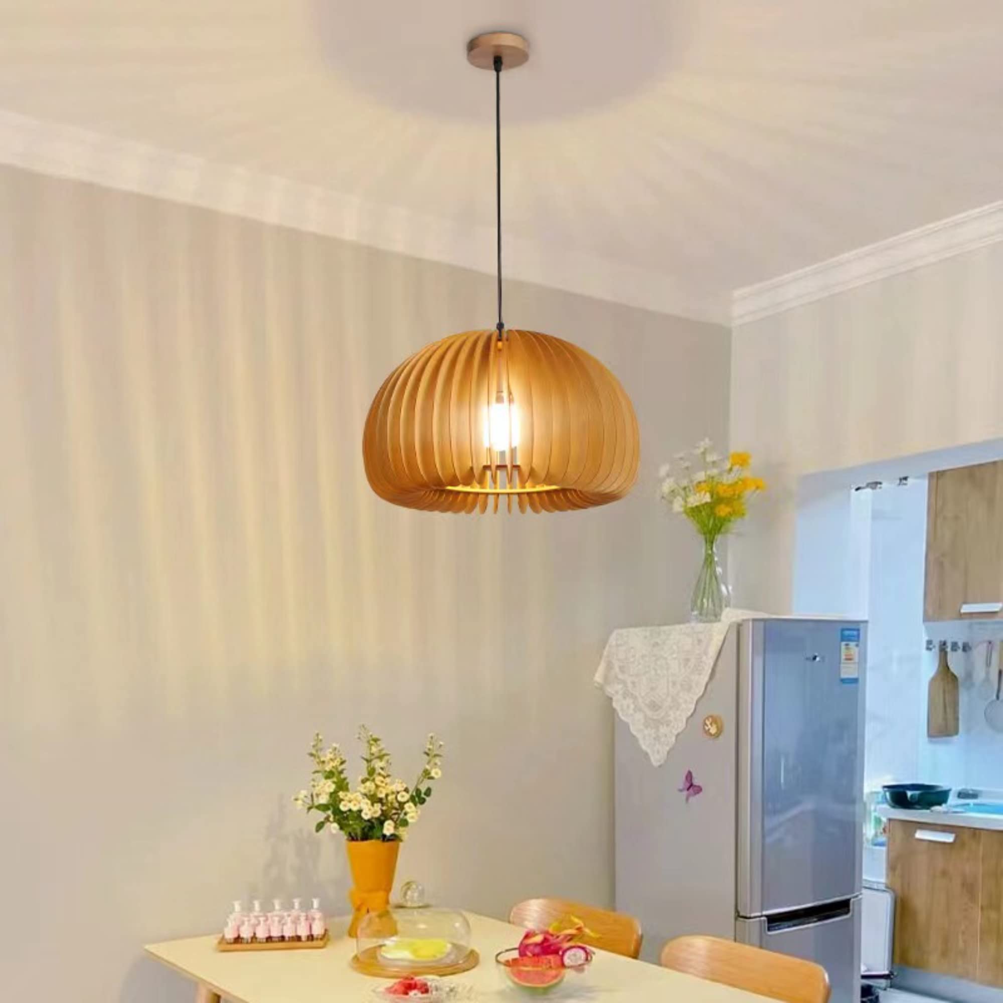 Boho Pumpkin Dome Wood Pendant Light