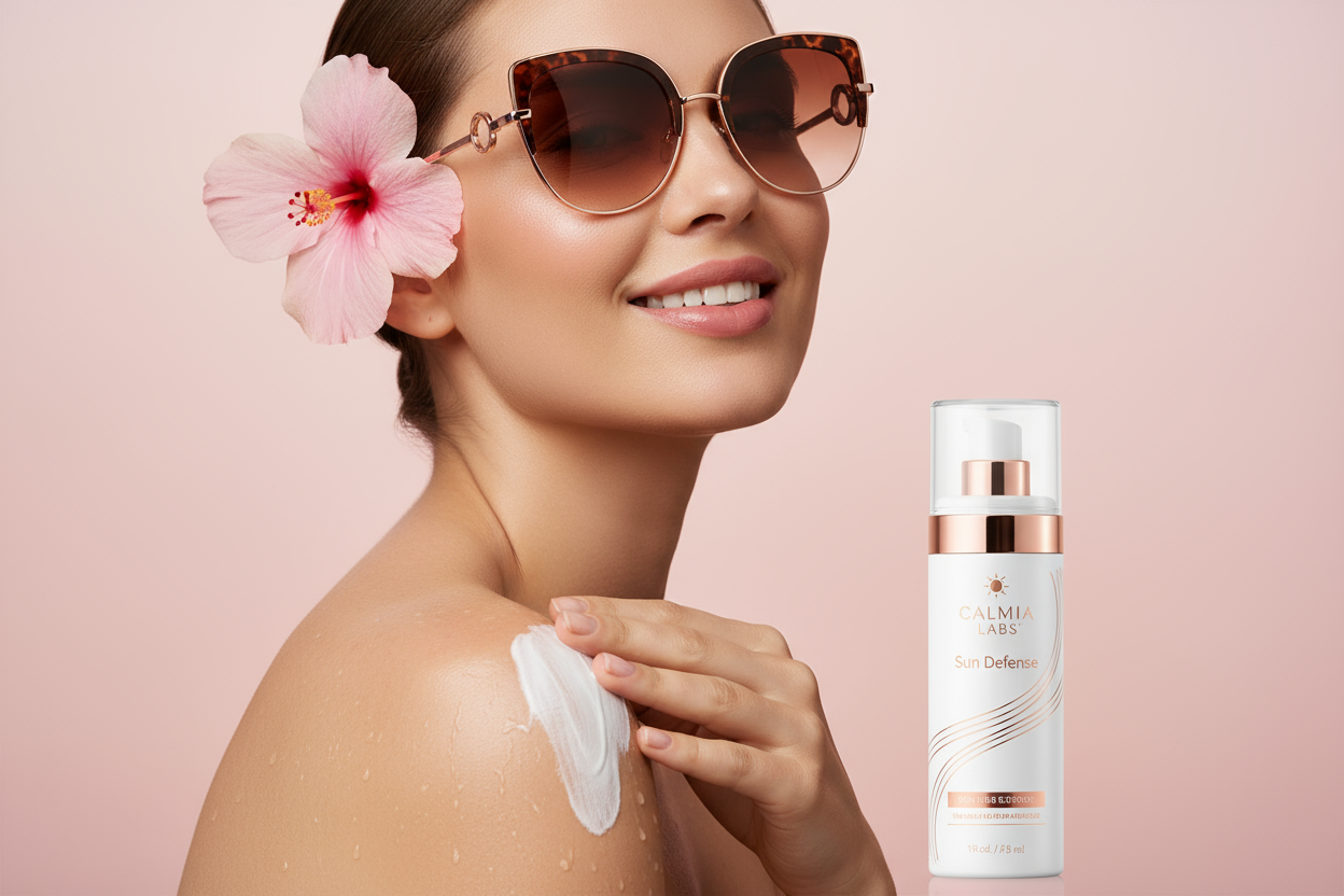 A bright, soft-toned skincare image of a smiling woman applying sunblock on her shoulder, similar to a beach or summer skincare concept. She wears stylish sunglasses and a flower tucked behind her ear, exuding a fresh, radiant vibe. Replace the ocean background with a light pink gradient background for a clean and modern skincare aesthetic. Include a sleek sunscreen bottle labeled “Calmia Labs Sun Defense” or “Calmia Labs UV Shield” in minimalist packaging with rose-gold and white tones.