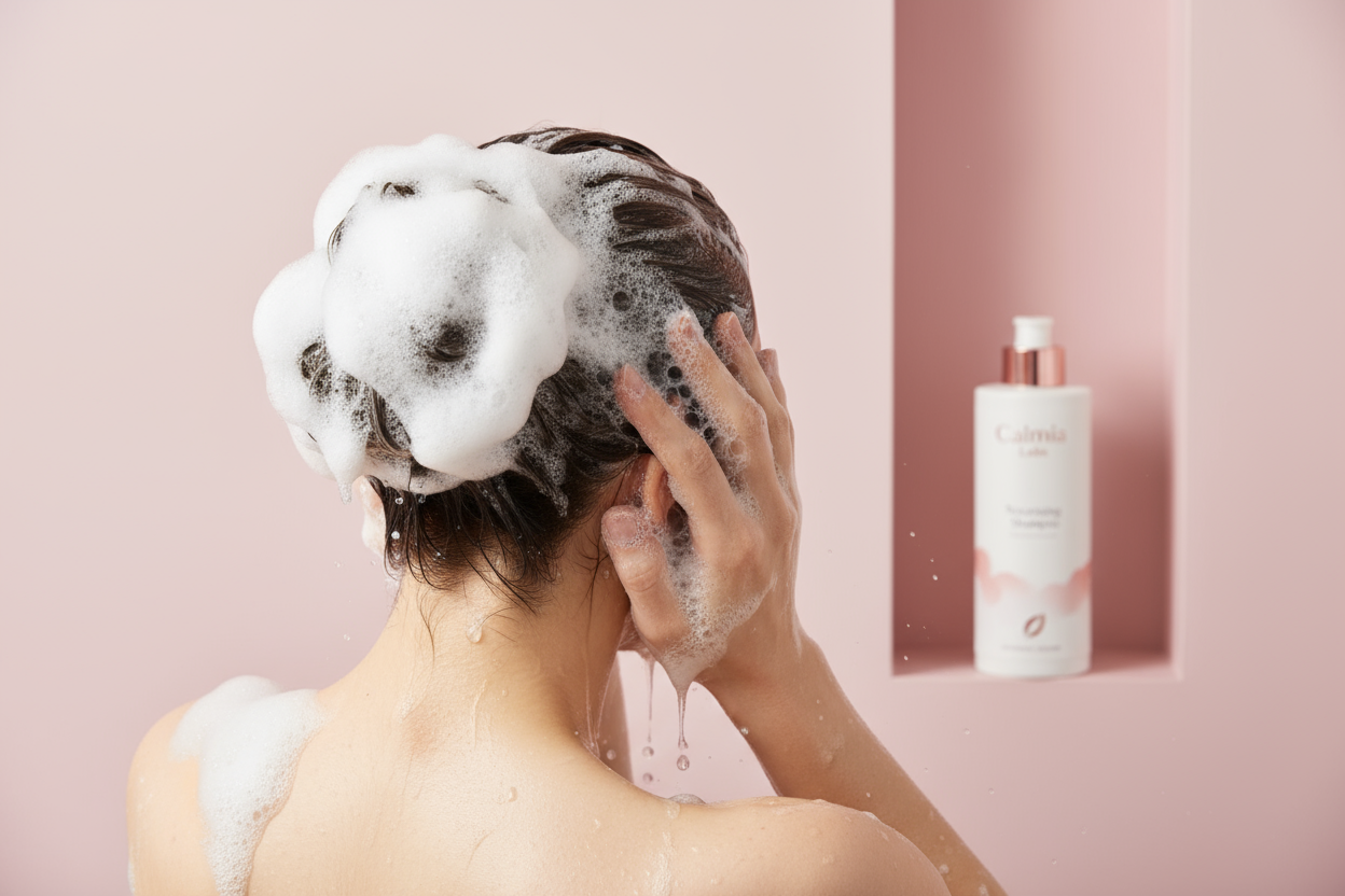 A clean, modern image of a woman washing her hair with rich, foamy shampoo bubbles covering her scalp. Capture the back view as she gently massages her hair with both hands, showcasing the texture of the lather. Use a light pink background for a fresh and elegant aesthetic. Include a sleek shampoo bottle labeled “Calmia Labs Nourishing Shampoo” or “Calmia Labs Hair Revive” in minimalist packaging — white with rose-gold or blush accents. Ensure the lighting is bright and natural, evoking a sense of cleanline