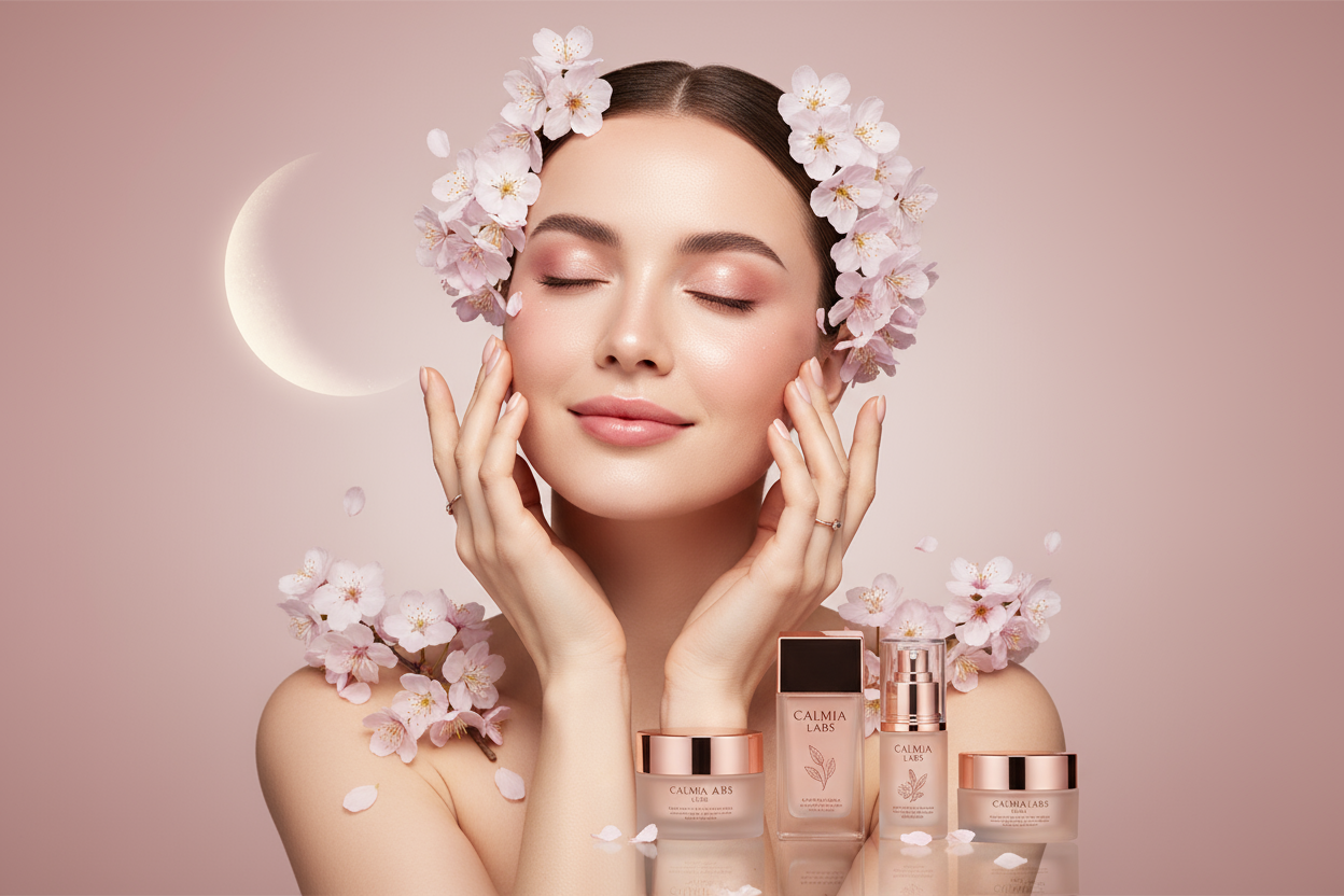 Create a luxurious skincare banner featuring a serene woman with glowing, healthy skin and soft natural makeup. She has a calm, confident expression with eyes closed, gently touching her face with both hands as if applying moisturizer. Add delicate elements like cherry blossoms and a subtle crescent moon for a dreamy, calming feel. Include elegant skincare bottles and jars labeled “Calmia Labs” in minimalist, rose-gold or soft beige packaging. The background should be a light pink gradient, smooth and sooth